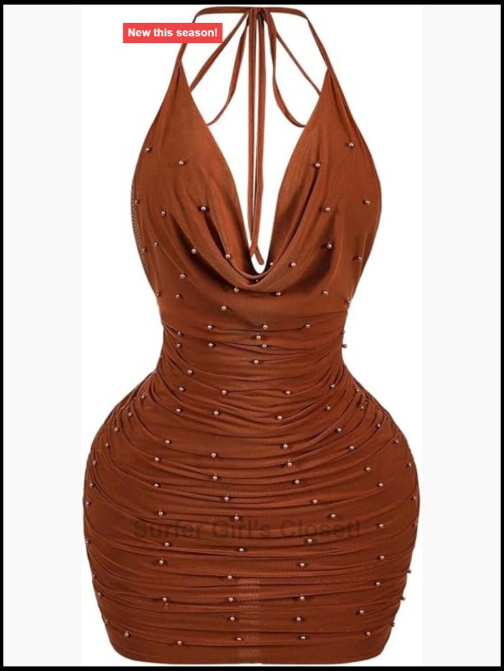 Y2K Pearl Cowl Neck Tie Backless Halter Mini Dress Ruched Party Rave